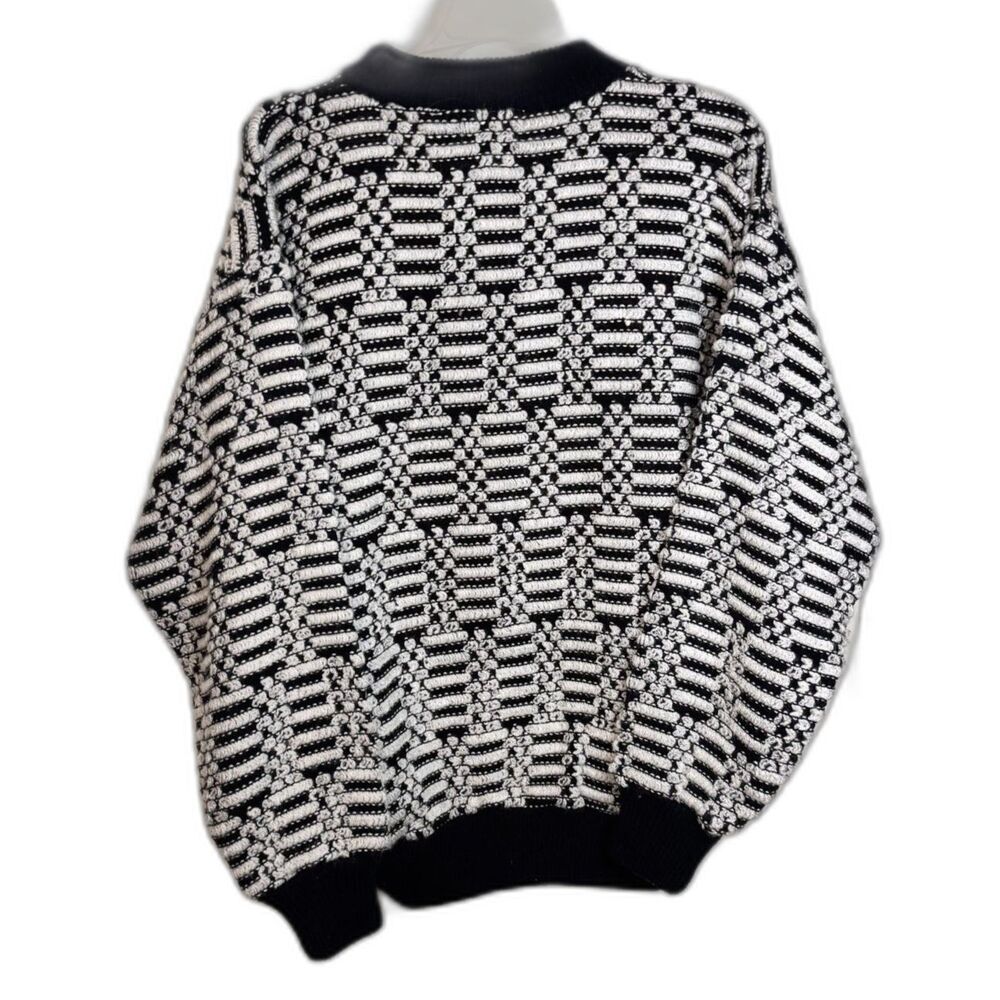 Vintage 90s 3D Knit Sweater Mens M Black White Geometric Champion Patch Grandpa - Picture 9 of 9